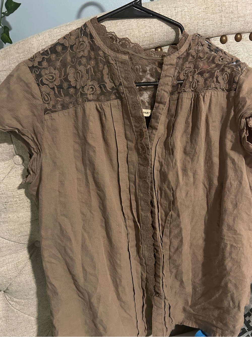 Bit & Bridle Lace Yoke Short Sleeve Top — Brown